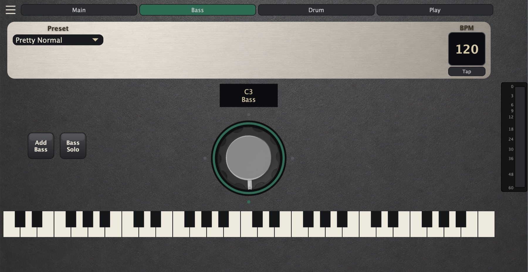 still.synth Bass tab — bass register dial and Bass Solo toggle