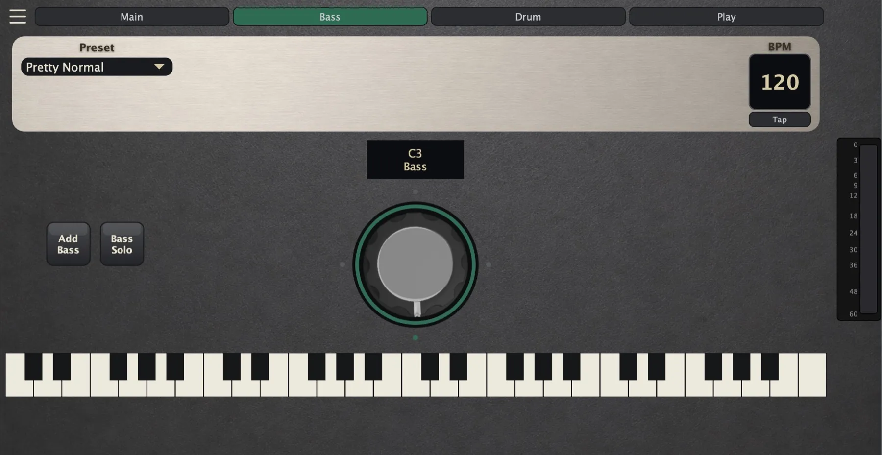 still.synth Bass tab — bass register dial and Bass Solo toggle