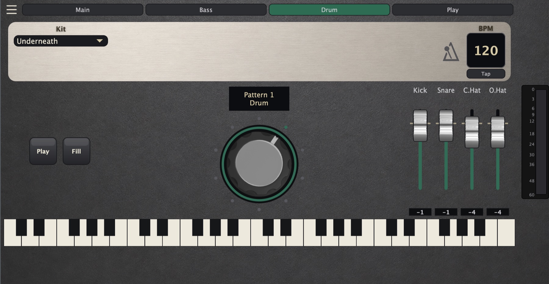 still.synth Drum tab — kit picker, pattern dial, Play/Fill buttons and per-drum faders