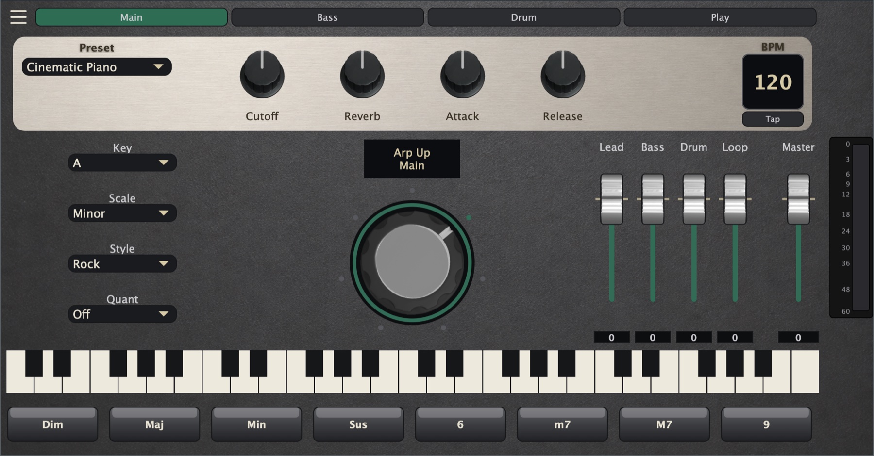 still.synth Main tab — key, scale, style, cutoff/reverb/attack/release, and channel faders