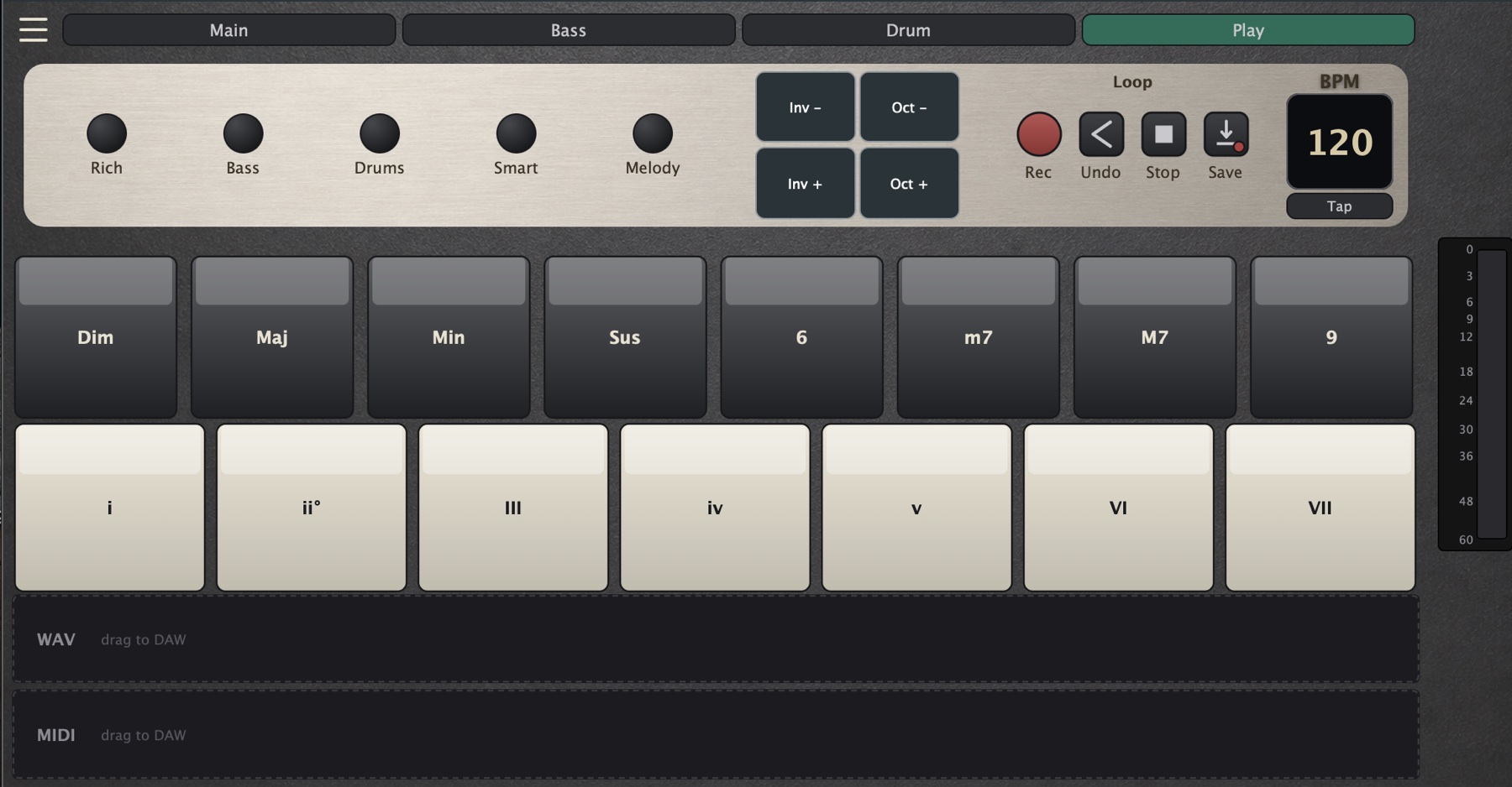 still.synth Play tab — diatonic root pads, chord shape pads and the strum/arp/loop control strip