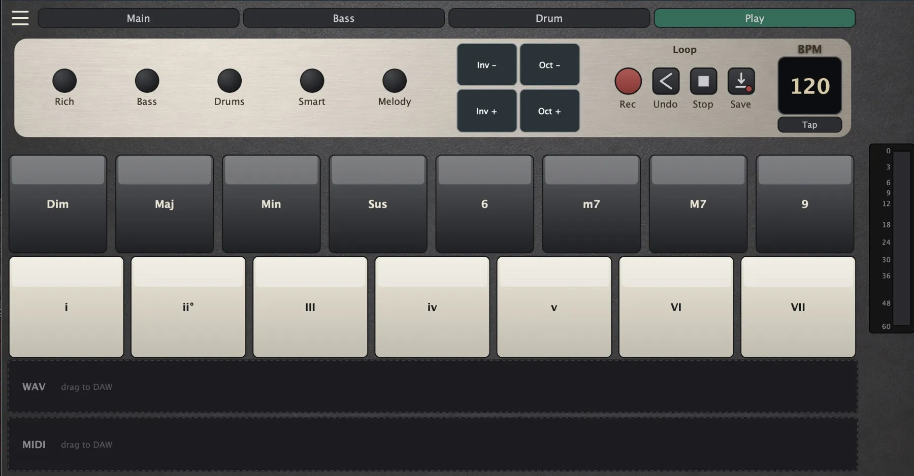 still.synth Play tab — diatonic root pads, chord shape pads and the strum/arp/loop control strip